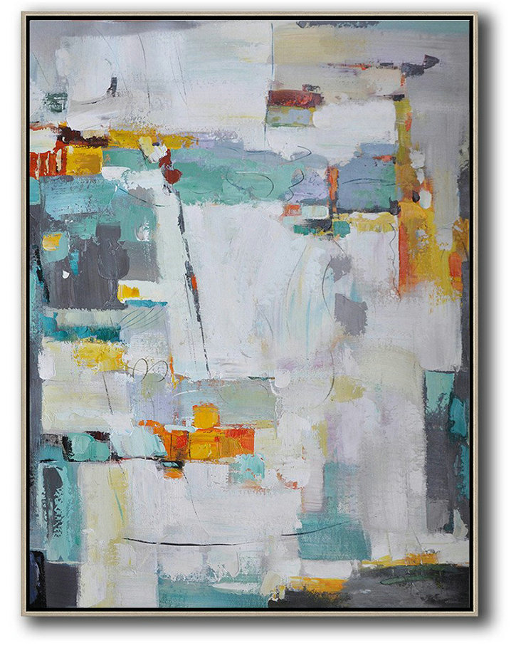 Oversized Canvas Art On Canvas,Vertical Palette Knife Contemporary Art,Original Art Acrylic Painting,Grey,Yellow,Purple,Grass Green,White.etc